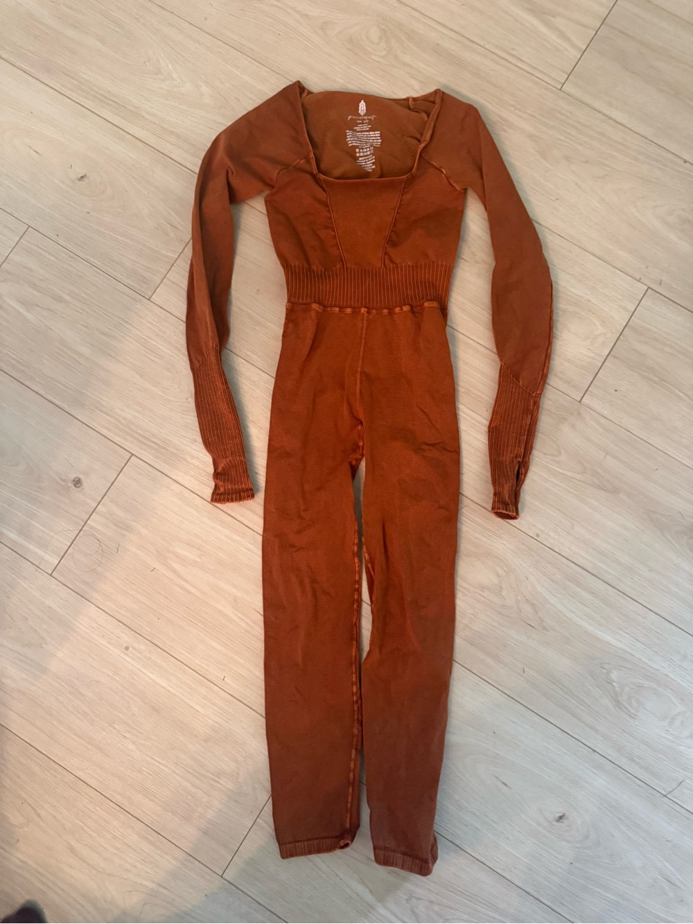 FP Movement by Free People Rust Burnt Orange Long Sleeve Ribbed Waist Jumpsuit